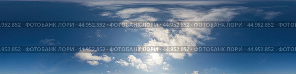 Blue sky panorama with puffy Cumulus clouds. Seamless hdr pano in spherical equirectangular format. Sky dome or zenith for 3D visualization, game and sky replacement for aerial drone 360 panoramas. Стоковое фото, фотограф Вера Грабчук / Фотобанк Лори