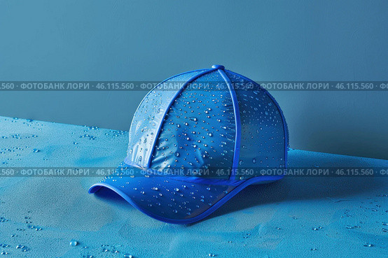 Blue waterproof cap resisting water drops on blue background. Стоковое AI-изображение, AI-художник Иван Рябоконь / Фотобанк Лори
