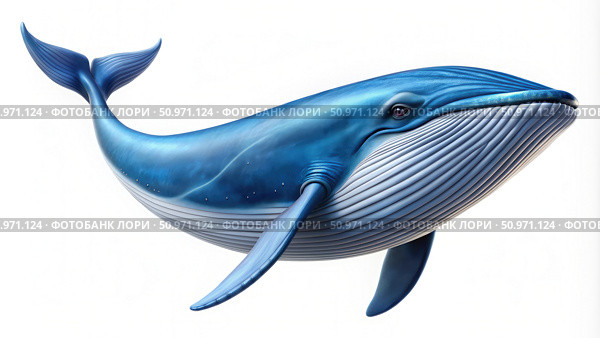 Blue Whale Swimming Against White Background. Generative AI. Стоковое AI-изображение, AI-художник Roman Zavorotny / Фотобанк Лори