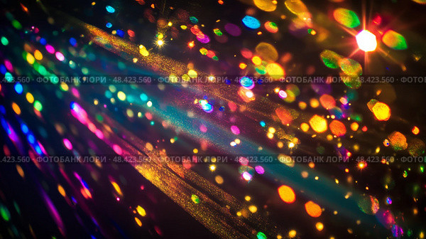 Blurred Rainbow Refraction Overlay Prism Light Effects with Holographic Flares & Disco Ball Textures. Световые эффекты с размытой радужной рефракцией и наложением призмы с голографическими бликами и текстурами диско-шаров. Стоковое AI-изображение, AI-художник Katsiaryna Repich / Фотобанк Лори