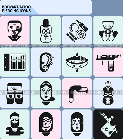 Bodyart Tatoo Piercing Icons. Bodyart tatoo and piercing icons black monochrome set isolated vector illustration. Стоковая иллюстрация, агентство Ingram Publishing / Фотобанк Лори