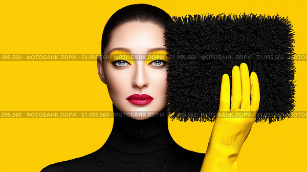 Bold fashion statement by a woman cleaning with style in a vibrant setting. Стоковое AI-изображение, AI-художник Ксения Лаптева / Фотобанк Лори