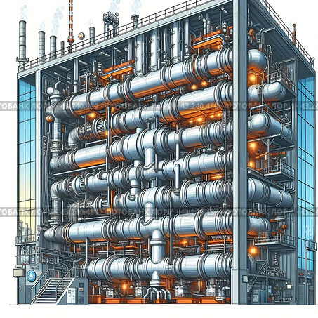 Большой промышленный теплообменник для работы на нефтехимическом заводе. Стоковое AI-изображение, AI-художник Сергей Сергеев / Фотобанк Лори