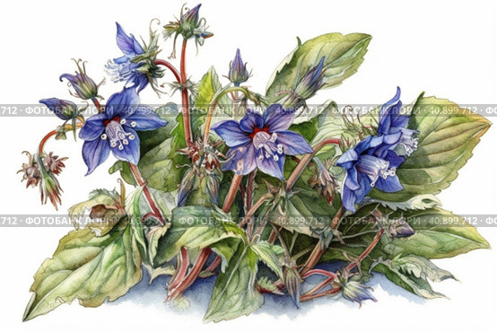 Borage on a white background, watercolor painting , Generative AI. Стоковое AI-изображение, AI-художник Анна Кривицкая / Фотобанк Лори