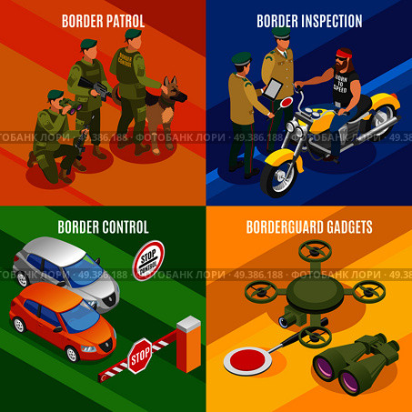 Border service isometric design concept with frontier control and inspection patrol and surveillance equipment isolated vector illustration. Border Service Isometric Design Concept. Стоковая иллюстрация, агентство Ingram Publishing / Фотобанк Лори
