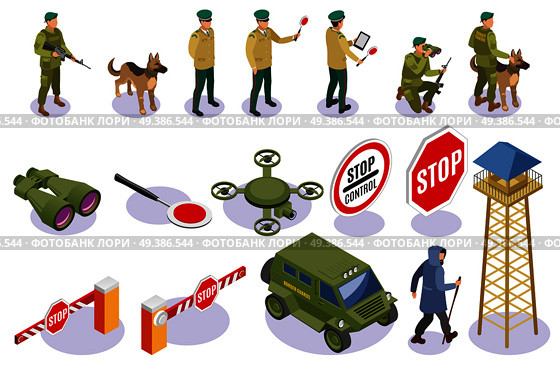 Border service isometric icons guards with equipment warning signs patrol dog and surveillance tower isolated vector illustration . Border Service Isometric Icons. Стоковая иллюстрация, агентство Ingram Publishing / Фотобанк Лори