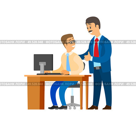 Boss professional leader of company and worker vector. Programmer sitting by table of working place director checking process and praising smiling man flat style. Boss Professional Leader of Company and Worker. Стоковая иллюстрация, агентство Ingram Publishing / Фотобанк Лори