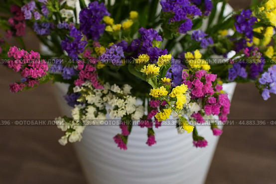 Bouquet of multicolored flowers in a vase (Limonium sinuatum, Statice sinuata) on a green background. Стоковое фото, фотограф Ирина Вершинская / Фотобанк Лори