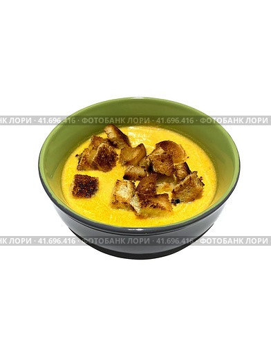 Bowl of fresh pumpkin soup with croutons. Стоковое фото, фотограф Константин Григорьев / Фотобанк Лори