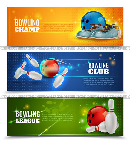 Bowling Banners Set . Bowling horizontal banners set with bowling champ club and leagues symbols realistic isolated vector illustration . Стоковая иллюстрация, агентство Ingram Publishing / Фотобанк Лори