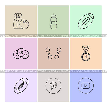 bowling , medal , rugby , pintrest , dumbell , sports , games , fitness , athletics , football , bodybuilding , snooker , ball , cricket , tennis , stopwatch , golf  , social , media , icon, vector, design,  flat,  collection, style, creative,  icons. Стоковая иллюстрация, агентство Ingram Publishing / Фотобанк Лори