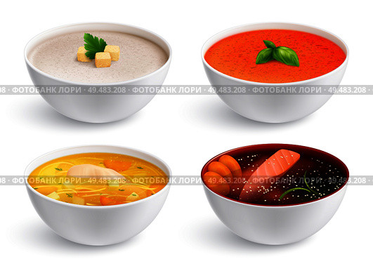 Bowls full of chicken noodle soup gazpacho fish soup and soup puree with crouton  realistic set isolated vector illustration. Стоковая иллюстрация, агентство Ingram Publishing / Фотобанк Лори