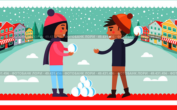 Boy and girl playing snowball fight, kids having fun in winter city with buildings and trees, clear sky and falling snowflakes vector illustration. Boy and Girl Snowball Fight Vector Illustration. Стоковая иллюстрация, агентство Ingram Publishing / Фотобанк Лори
