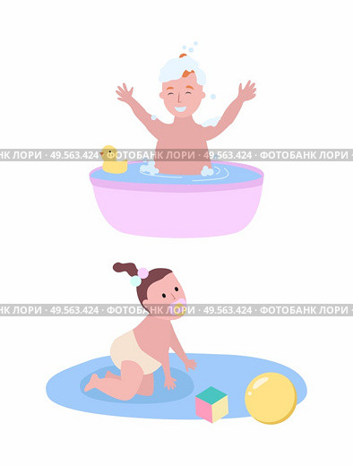 Boy bathing in small pool with rubber duck and girl on blanket with ball and cube toy isolated cartoon children. Vector one year kids, infant toddlers. Boy Bathing in Small Pool and Girl Crawling on Rug. Стоковая иллюстрация, агентство Ingram Publishing / Фотобанк Лори