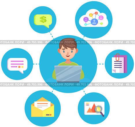 Boy posting and commenting on social network. Kid watches blogger content puts rating and writes his opinion. Online communication and global network new followers messages. Guy sit and look at laptop. Boy posting and commenting on social network. Online communication and global network, messages. Стоковая иллюстрация, агентство Ingram Publishing / Фотобанк Лори