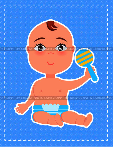 Boy with plastic rattle in hand, first toy poster with happy infant in diaper newborn vector illustration with little child isolated on blue background. Boy with Plastic Rattle in Hand, First Toy Poster. Стоковая иллюстрация, агентство Ingram Publishing / Фотобанк Лори