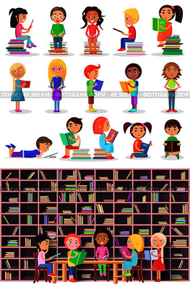 Boys and girls with books. Isolated children and infants in library vector set. Kids study in atheneum. Clever young people read books. School Children education. Public room with bookshelves. Vector. Boys, Girls with Books. Isolated Children, Infants. Стоковая иллюстрация, агентство Ingram Publishing / Фотобанк Лори