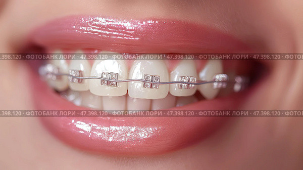 Braces on clean teeth. beautiful girls lips. Брекеты на чистых зубах. Красивые губы девушки. Стоковое AI-изображение, AI-художник Katsiaryna Repich / Фотобанк Лори