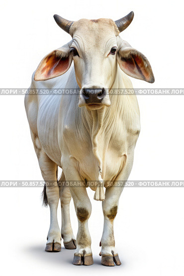 Brahman Cow Standing on a White Background. Generative AI. Стоковое AI-изображение, AI-художник Roman Zavorotny / Фотобанк Лори