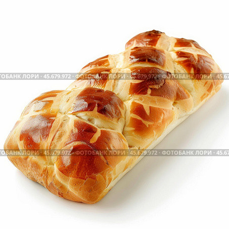 Braided brioche bread loaf resting on white background. Стоковое AI-изображение, AI-художник Иван Рябоконь / Фотобанк Лори