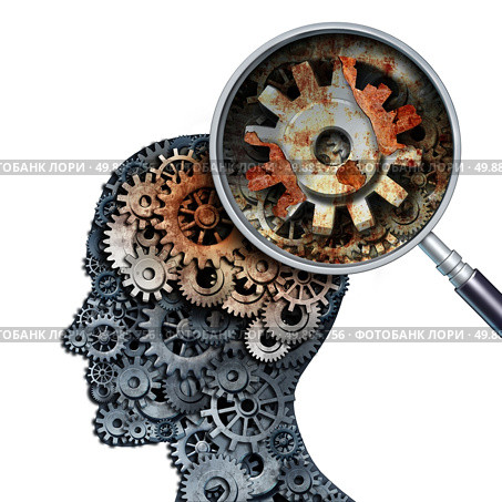 Brain decline and dementia or aging as memory loss concept for brain cancer decay or an Alzheimer’s disease with the medical icon of a old rusting mechanical gears and cog wheels of metal in the shape of a human head with rust. Стоковое фото, агентство Ingram Publishing / Фотобанк Лори