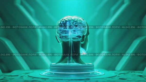 Brain is displayed in a green room with a futuristic feel. Стоковое AI-видео, аниматор Sergey Grishin / Фотобанк Лори