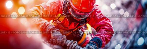 Bravery in Action: A Rescuer's Descent, Illustrating Resilience and Determination in a Critical Situation. Стоковое AI-изображение, AI-художник Данила Большаков / Фотобанк Лори