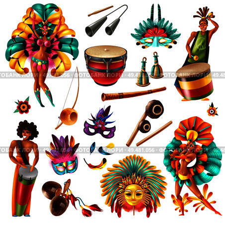 Brazilian carnival festivities  realistic colorful elements set with traditional musical instruments masks feathers costumes isolated vector illustration . Carnival Brasil Set. Стоковая иллюстрация, агентство Ingram Publishing / Фотобанк Лори