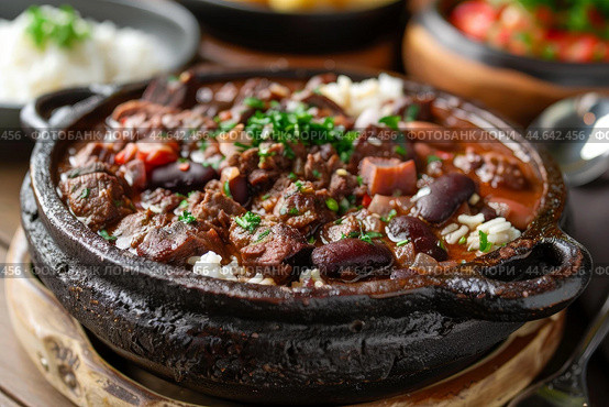 Brazilian feijoada in a traditional clay pot. Стоковое AI-изображение, AI-художник Иван Рябоконь / Фотобанк Лори