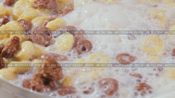 Breakfast Chocolate corn cereal in a bowl with milk. Стоковое видео, видеограф Андрей Армягов / Фотобанк Лори