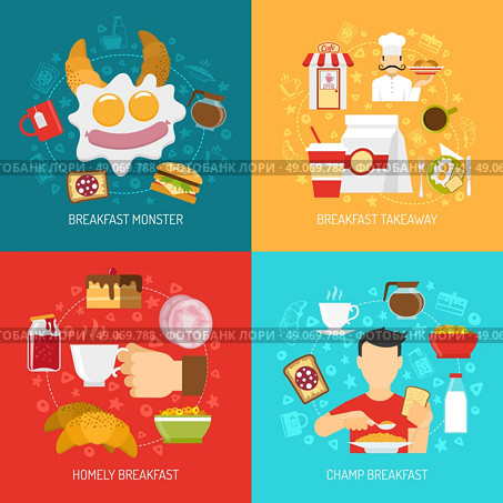 Breakfast Concept Icons Set . Breakfast concept icons set with champ and takeaway breakfast symbols flat isolated vector illustration . Стоковая иллюстрация, агентство Ingram Publishing / Фотобанк Лори