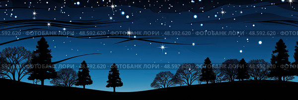 Breathtaking night sky filled with a myriad of stars twinkles overhead while towering trees provide a majestic backdrop in this captivating image. Стоковое AI-изображение, AI-художник Данила Большаков / Фотобанк Лори