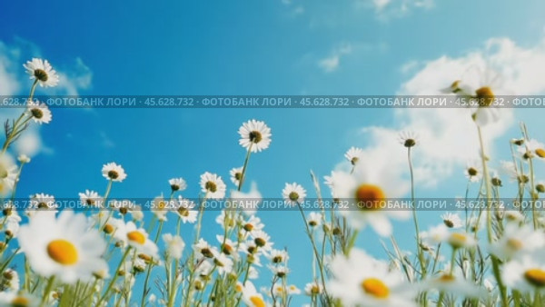 Breezy wildflower meadow under sunny blue sky with moving clouds and swaying daisies. Стоковое AI-видео, аниматор Sabyna75 / Фотобанк Лори