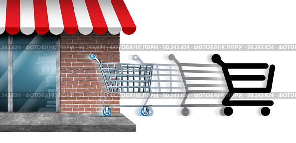 Brick and mortar offline store to online commerce shopping or internet commerce change and transition to buying purchasing on the web to making sales with 3D illustration elements. Стоковое фото, агентство Ingram Publishing / Фотобанк Лори