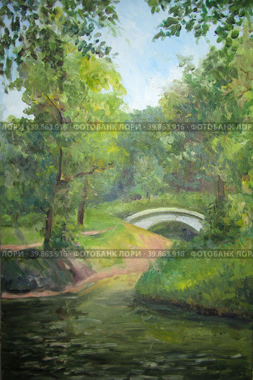 Bridge in the park in summer, oil painting. Стоковая иллюстрация, иллюстратор Aleksandra Serova / Фотобанк Лори