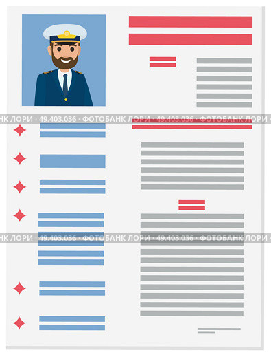 Brief resume with detailed information about marine captain vector illustration. Job application form of sea crew member. Resume with Detailed Info About Marine Captain. Стоковая иллюстрация, агентство Ingram Publishing / Фотобанк Лори