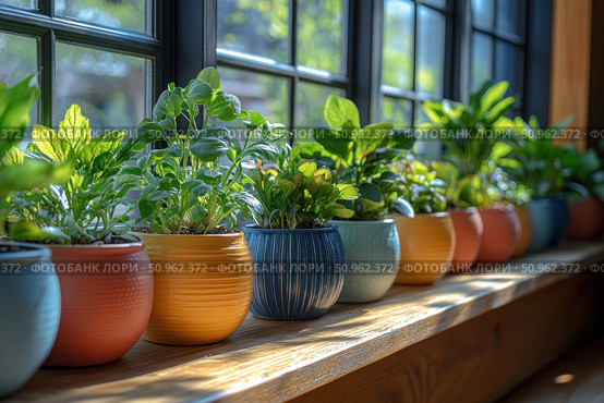 Bright and cozy photo with house plants on a windowsill illuminated by soft sunlight. Multicolored ceramic pots are lined up by the window, creating an atmosphere of coziness and natural freshness. Ideal for interior design themes, organic lifestyle, home comfort and plant care. Стоковое AI-изображение, AI-художник Анна Кривицкая / Фотобанк Лори