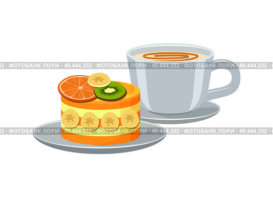 Bright banner with cup of espresso and tasty pie vector illustration with cute pastry, lot of varied fresh fruit on cake, small white bowl, two plates. Bright Banner with Cup of Espresso and Tasty Pie. Стоковая иллюстрация, агентство Ingram Publishing / Фотобанк Лори