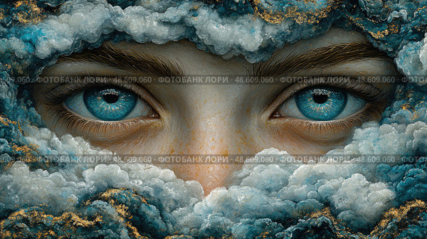 Bright blue eyes emerge from a dense cloud formation, evoking a sense of wonder and mystery in an ethereal twilight landscape. Стоковое AI-изображение, AI-художник Данила Большаков / Фотобанк Лори
