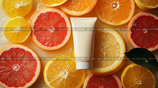 Bright citrus fruits surround a white moisturizer mockup tube product on a vibrant surface. Яркие цитрусовые фрукты окружают белый увлажняющий продукт в макете тюбика на яркой поверхности. Стоковое AI-изображение, AI-художник Katsiaryna Repich / Фотобанк Лори