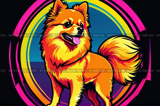 Bright drawing of a dog, pomeranian, on a T-shirt on a dark background. Satirical, pop art style, vibrant colors, iconic characters, action-packed, suitable for mascot or logo or reproduce on canvas. AI. Стоковое AI-изображение, AI-художник Sergey Grishin / Фотобанк Лори