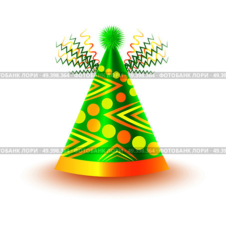 Bright festive cap with circles and triangles in yellow and green colors isolated on white background. Funny party accessory vector illustration. Holiday headgear for festive mood and having fun.. Bright Festive Cap with Circles and Triangles. Стоковая иллюстрация, агентство Ingram Publishing / Фотобанк Лори