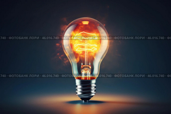 Bright light bulb filament exploding with fire and smoke effect. Стоковое AI-изображение, AI-художник Иван Рябоконь / Фотобанк Лори