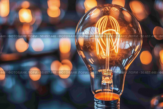 Bright lightbulb shining with blurred lights in background symbolizing ideas and innovation. Стоковое AI-изображение, AI-художник Иван Рябоконь / Фотобанк Лори