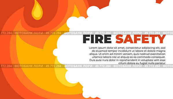 Bright orange and yellow flames with billowing white smoke dominate a fire safety awareness design with centered text. Ideal for fire safety education, emergency planning, safety drills, prevention. Fire Safety Awareness with Bright Flames and Smoke on a Vibrant Background. Стоковая иллюстрация, агентство Ingram Publishing / Фотобанк Лори