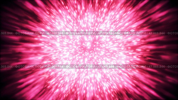 Bright particles disappear at point and explode in stream on black background. Стоковая иллюстрация, иллюстратор David Kashakhi / Фотобанк Лори
