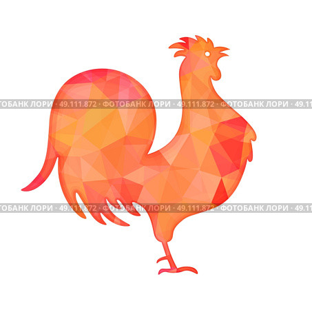 Bright red polygon illustration of a rooster isolated on white background. Happy Chinese New Year cards. Perfect for decoration designs festive banners, postcards, posters. Vector illustration. Стоковая иллюстрация, агентство Ingram Publishing / Фотобанк Лори