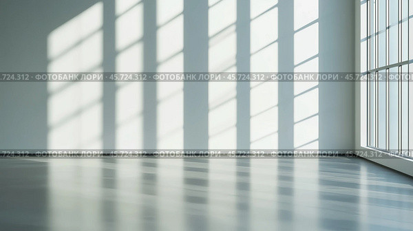 Bright room with slanted shadows from large windows during daytime. Стоковое AI-изображение, AI-художник Сергей Толмачёв / Фотобанк Лори