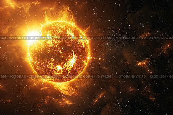 Bright sun against dark starry sky in Solar System. Sun in Space. Solar Surface Activity, Corona. Heatwave hot sun. Climate Change. Global Warming. Temperature of Summer season. Geomagnetic storm. Стоковое AI-изображение, AI-художник Марина Демидюк / Фотобанк Лори