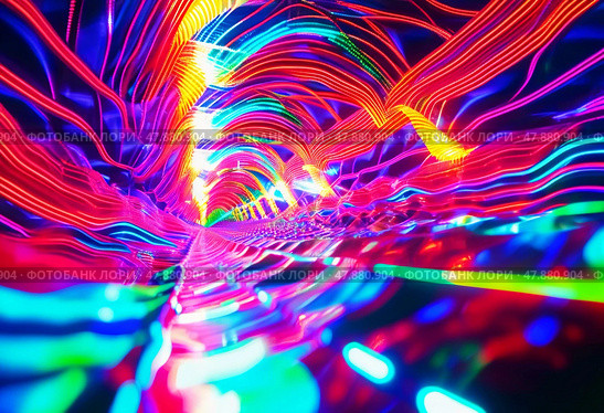 Bright, swirling colors create a mesmerizing psychedelic trance experience, as vibrant patterns pulse and flow dynamically down an infinite tunnel of radiant light. Generative AI. Стоковое AI-изображение, AI-художник Юлия Петровская / Фотобанк Лори